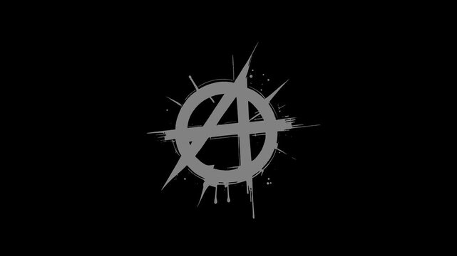 Stop-motion animation of gray anarchy symbol drawn by paint on black background, protest idea