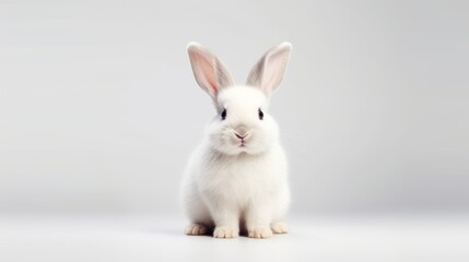 Obraz premium cute animal pet rabbit or bunny white color smiling and laughing isolated with copy space for easter background, rabbit, animal, pet, cute, fur, ear, mammal, background, celebration, generate by AI