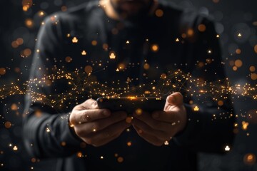 Businessman Using Smartphone With Futuristic Network Hologram, Dark Background And Overlay