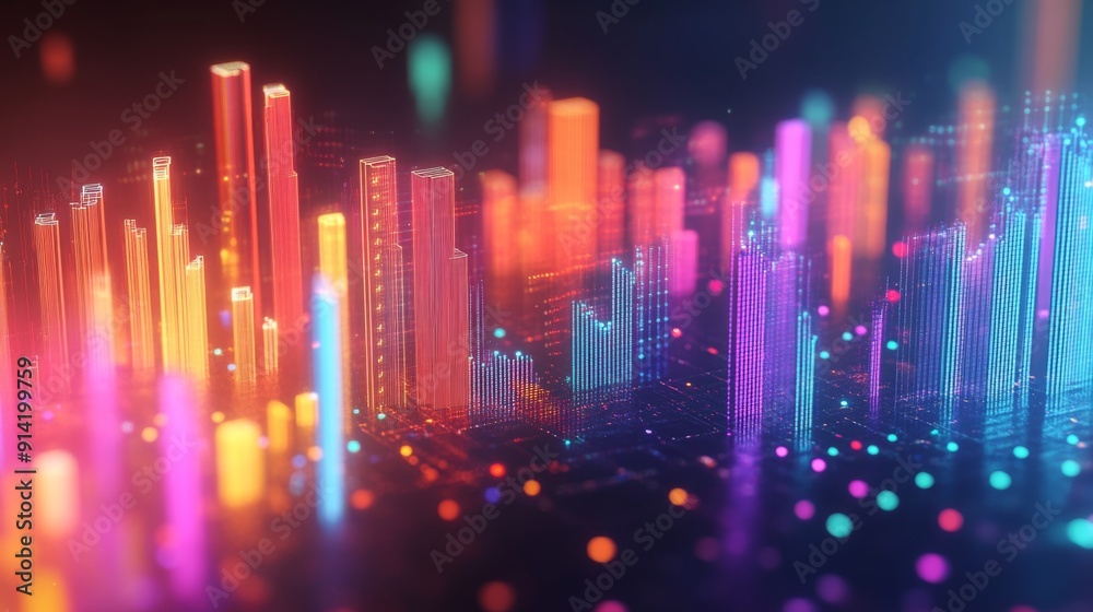 Poster Vibrant abstract 3D financial graph with geometric shapes and glowing data trends.
