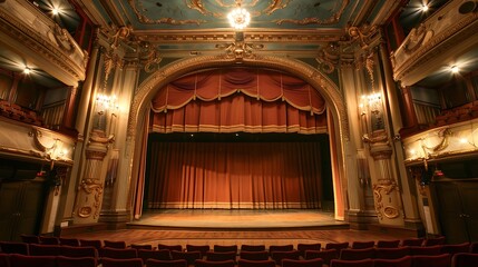 Obraz premium Empty Theater Stage with Red Curtains and Golden Details