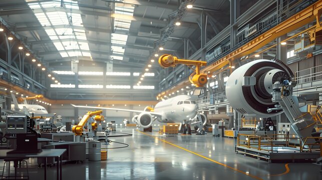A smart factory environment where robots and engineers work together to build state-of-the-art aircraft components