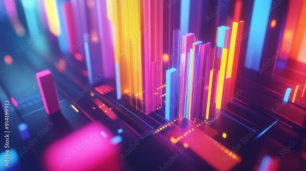 Poster Vibrant abstract 3D financial graph with geometric shapes and glowing data trends.