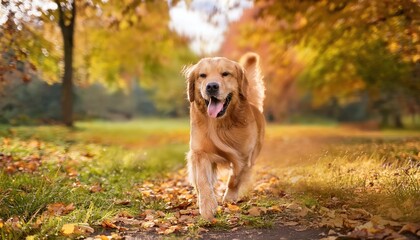 happy Golden retriever outdoors in a park in autumn season with fall leaf and colorful tree background