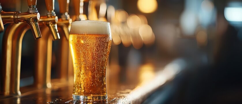 Close-up of a glass of beer on tap at a bar.