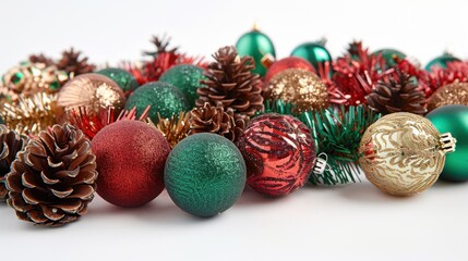 Beautifully Arranged Christmas Decorations on White Background

