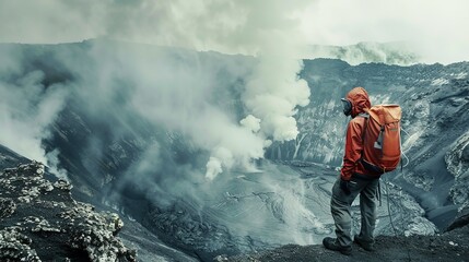 Researchers studying volcanoes gather data close to the crater of a volcano in eruption, Generative AI.