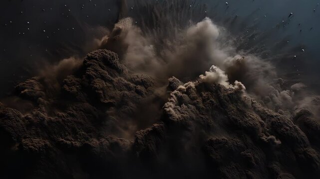 Dark volcanic ash cloud rising into the night sky, dramatic aerial view. Natural disaster and eruption concept