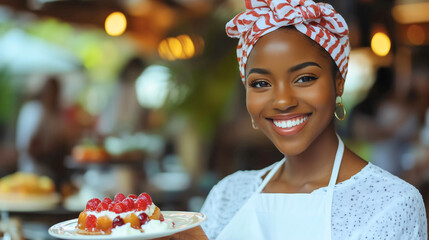 Smiling waitress or server in a cafe beautiful African American woman with a smile on her face, serving a delicious dessert or cake on a tray, friendly staff and customer service, restaurant employee