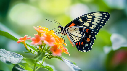 Fototapeta premium Close-up of a beautiful elegant butterfly with colorful wings resting on an orange fully blossomed flower head in a meadow, field, or forest, flying insect in natural environment, springtime and flora
