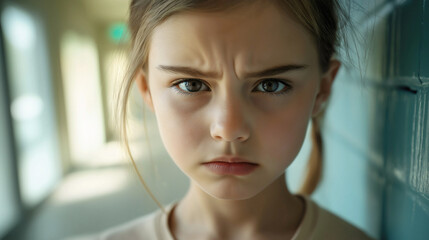 Sad little girl unhappy young pupil or toddler with an unsatisfied, frowning facial expression, standing in a school hallway, emotionally upset Caucasian female child, expressing sorrow and distress