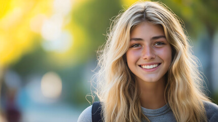 Obraz premium Portrait of gappy young teenager beautiful adult girl female school student with blonde hair smiling outside in nature, park with copy space, positive person joyfully enjoying in summer weather