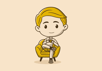 Retro boy character sitting on the sofa and drinking coffee design