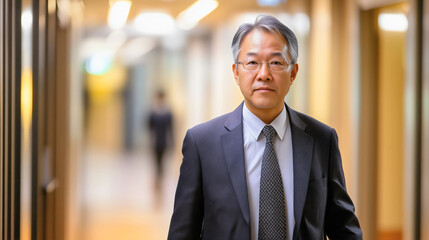 Elderly senior businessman walking down the hall, hallway in the company, older Asian man, Chinese or Japanese, in a suit professional, executive, mature confident entrepreneur or serious manager 