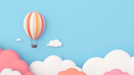 Hot Air Balloon Floating Above Colorful Clouds Against Clear Blue Sky, Childlike and Cheerful Scene, Perfect for Nursery Art and Holiday Greeting Cards at Easter or Springtime