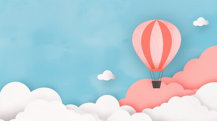 Naklejka premium Hot Air Balloon Floating Above Colorful Clouds Against Clear Blue Sky, Childlike and Cheerful Scene, Perfect for Nursery Art and Holiday Greeting Cards at Easter or Springtime