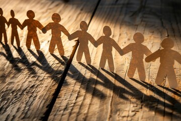 Paper Chain Of People Standing Together On Wooden Desk. Concept Of Teamwork, Unity, And Cooperation