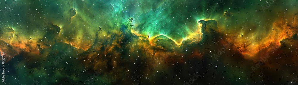 Poster Stunning image of a colorful nebula in deep space, showcasing vivid green and orange hues with intricate patterns and cosmic clouds.