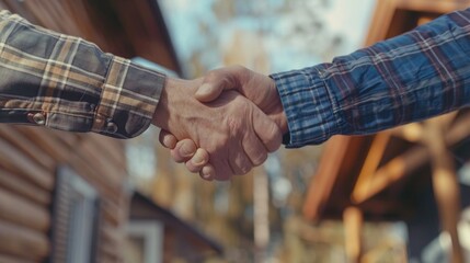 Handshake symbolizing agreement or partnership between two men in a wooden, rustic setting. Indicative of trust and collaboration.