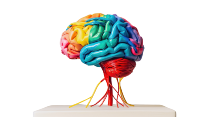 A colorful brain model with cables on transparent background