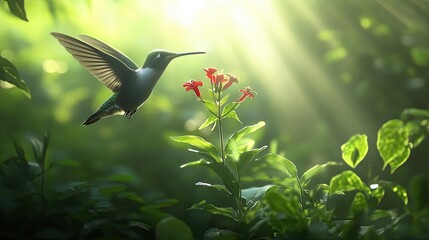 Fototapeta premium A single hummingbird hovering near a flower in a forest glade, with sunlight dappling the leaves.