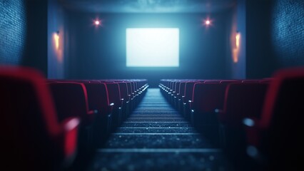 Semi close-up of the aisle leading to the screen, soft lighting with shadow play, camera set low