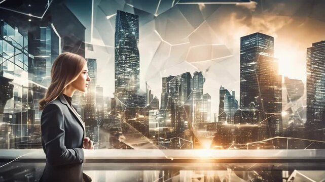 A dual-exposure photograph depicting a business professional positioned within a modern urban environment. This image symbolizes the evolution of business and communication technology, blending a drea