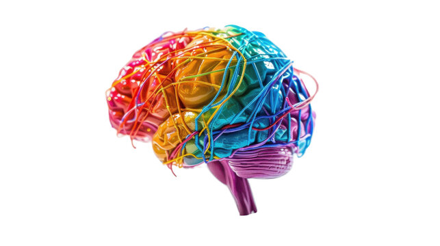 A colorful brain model with cables on transparent background