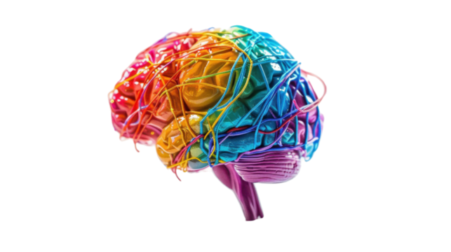 A colorful brain model with cables on transparent background