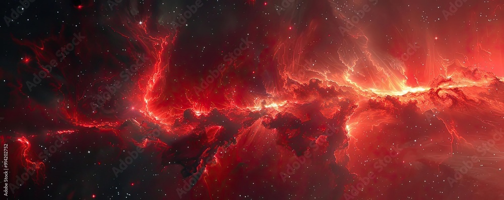 Poster vibrant cosmic scenery depicting a red nebula filled with stellar formations and interstellar dust, 