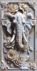 3d elephant carving, floral background, white marble, wall art