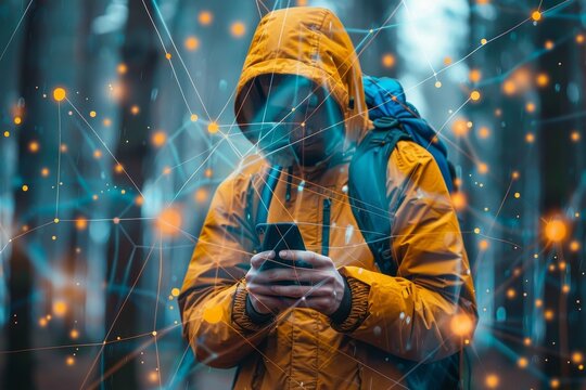 Hiker Using Smartphone With Glowing Network Connection Overlay In Tranquil Forest Setting.