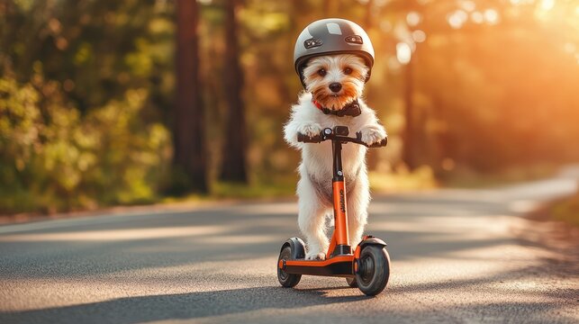 Scootering Dog. Colorful. Empty Copy space on the side. Generative Ai