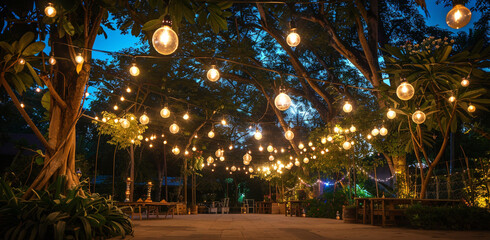 Obraz premium A park and glowing garlands.