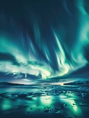 Naklejka premium A breathtaking scene of auroras reflecting on a serene ocean at midnight, with the sky painted in hues of blue and green.
