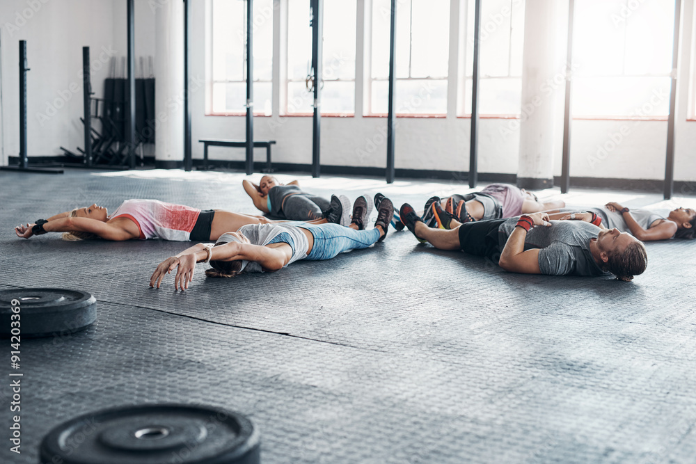 Canvas Prints Athlete, fitness and circle on floor for exercise, workout and training at gym. People, men and women group together for sports challenge, routine and warm up at wellness club for weight sit up