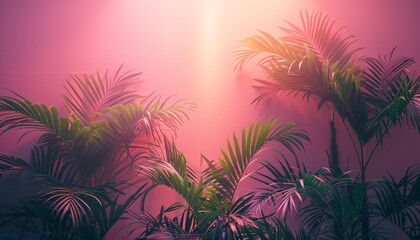 Tropical leaves and fronds in silhouette on vivid pink wall. Glowing light streaks, retro concept.