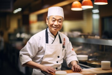 Smiling portrait of a senior male sushi chef in kitchen