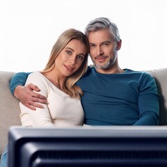 A couple relaxing on a sofa, watching TV and hugging