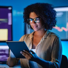 An app developer working on a tablet in a modern office with neon lights
