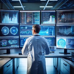 A data scientist analyzing charts on multiple screens in a tech lab