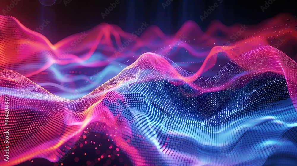 Poster dynamic abstract wave patterns in vibrant pink and blue tones, creating a mesmerizing visual that re