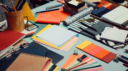 Designer's workplace with drafting tools, notebooks, and colorful swatches spread out on a desk