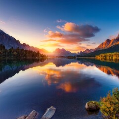 A tranquil lake at sunset with mountains in the background and a perfect reflection on the water
