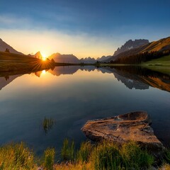 A tranquil lake at sunset with mountains in the background and a perfect reflection on the water