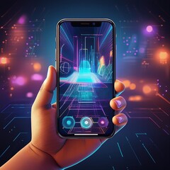 A hand holding a smartphone with an augmented reality interface visible on the screen