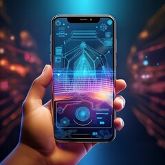 A hand holding a smartphone with an augmented reality interface visible on the screen