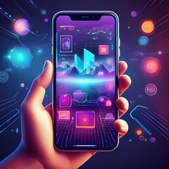 A hand holding a smartphone with an augmented reality interface visible on the screen