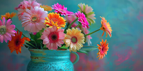 An arrangement of colorful blooms in a celadon pot.