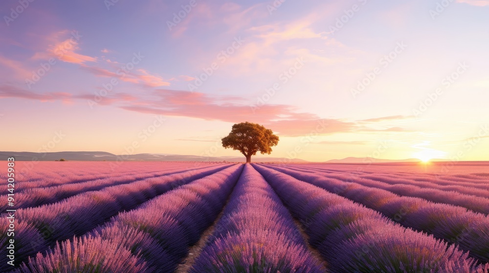 Canvas Prints lavender field at sunset with a single tree